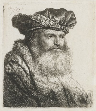 Bearded man in a velvet beret with a jewelled clasp by Rembrandt van Rijn
